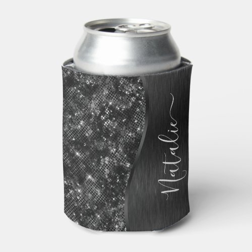 Metallic Black Glitter Personalized Can Cooler