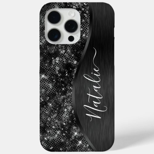 Metallic Black Glitter Personalized iPhone 15 Pro Max Case