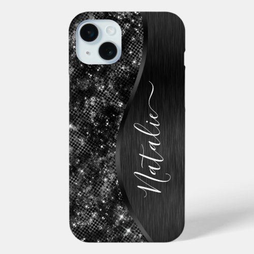 Metallic Black Glitter Personalized iPhone 15 Plus Case