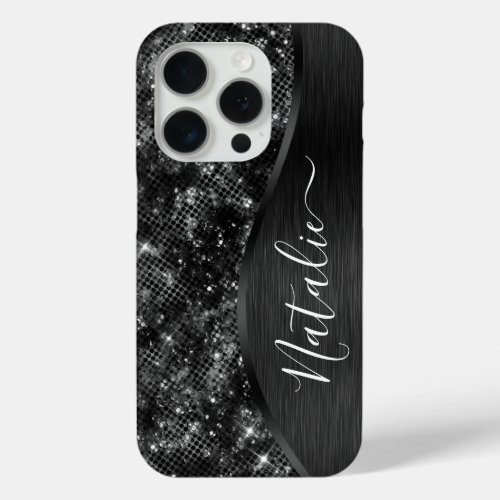 Metallic Black Glitter Personalized iPhone 15 Pro Case