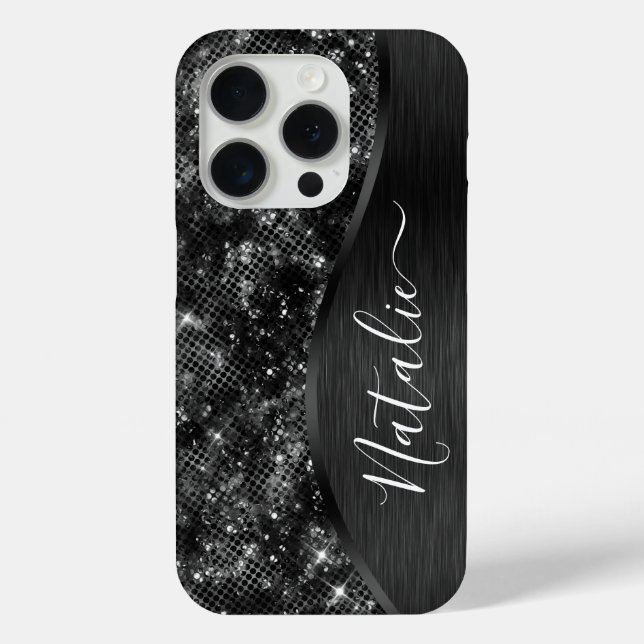 Metallic Black Glitter Personalized Case-Mate iPhone Case (Back)