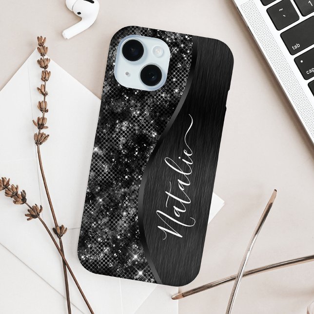 Metallic Black Glitter Personalized Case-Mate iPhone Case (Creator Uploaded)