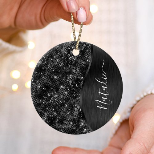 Metallic Black Glitter Personalized Ceramic Ornament