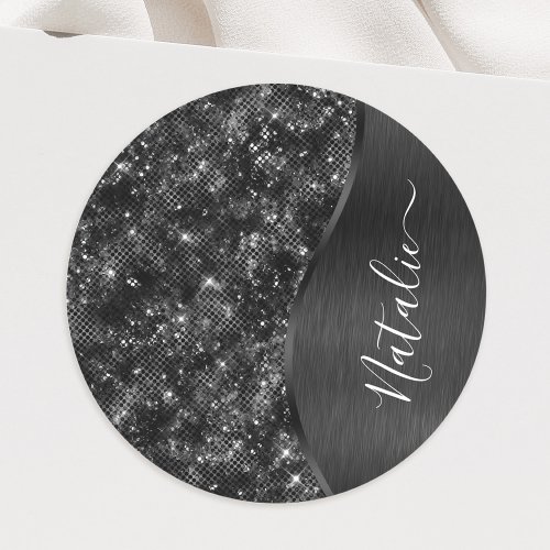 Metallic Black Glitter Personalized Classic Round Sticker