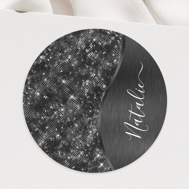 Metallic Black Glitter Personalized Classic Round Sticker (Creator Uploaded)