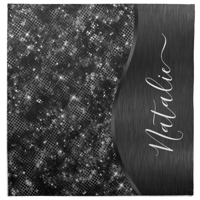 Metallic Black Glitter Personalized Cloth Napkin (Front)