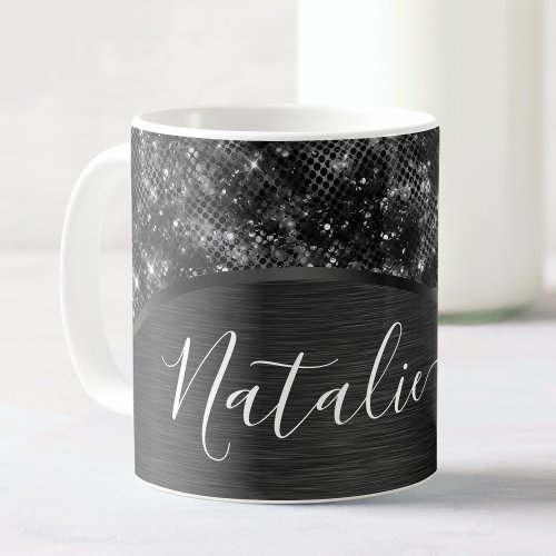 Metallic Black Glitter Personalized Coffee Mug