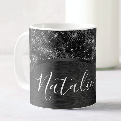 Metallic Black Glitter Personalized Coffee Mug