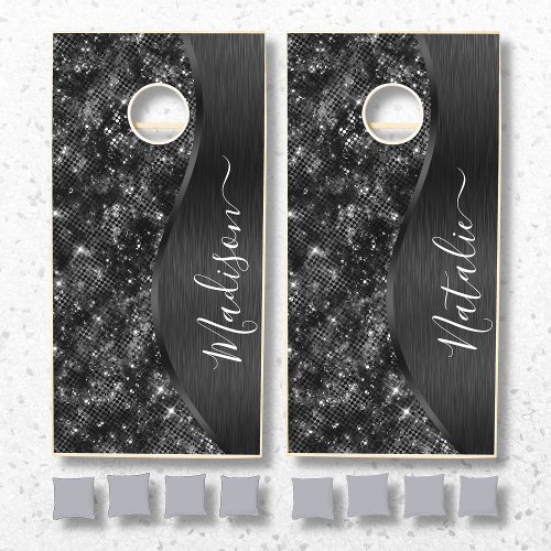  Metallic Black Glitter Personalized Cornhole Set