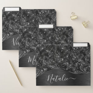 Metallic Black Glitter Personalized File Folder