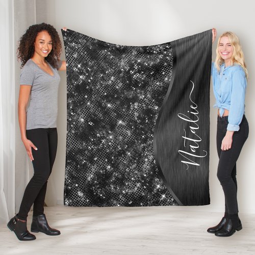 Metallic Black Glitter Personalized Fleece Blanket