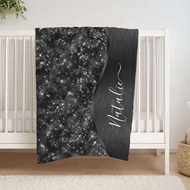 Metallic Black Glitter Personalized Fleece Blanket (Creator Uploaded)