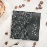 Metallic Black Glitter Personalized Glass Coaster<br><div class="desc">Easily personalize this black brushed metal and glamorous faux glitter patterned glass coaster with your own custom name.</div>