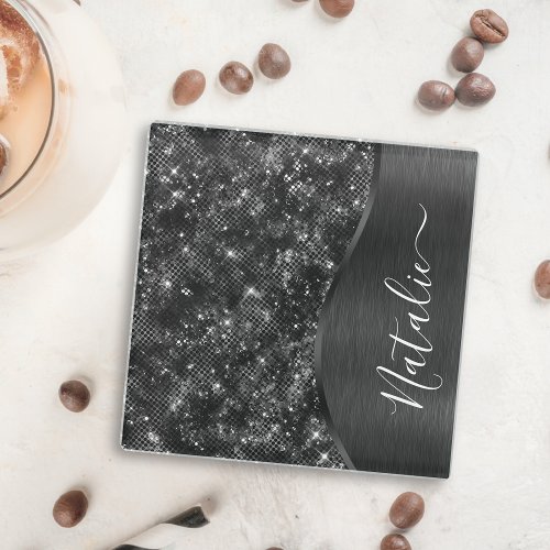 Metallic Black Glitter Personalized Glass Coaster