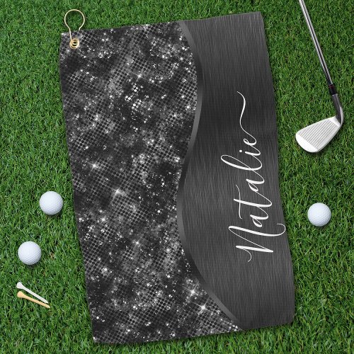 Metallic Black Glitter Personalized Golf Towel