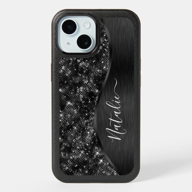 Metallic Black Glitter Personalized iPhone 15 Case (Back)