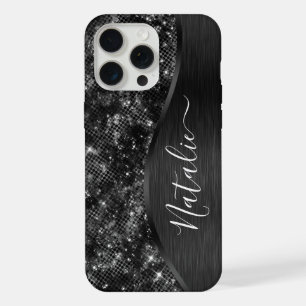 Metallic Black Glitter Personalized iPhone 15 Pro Max Case