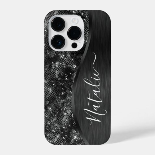  Metallic Black Glitter Personalized iPhone 14 Pro Case