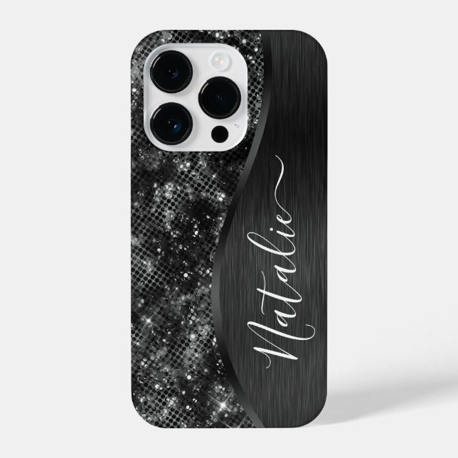  Metallic Black Glitter Personalized iPhone Case (Back)