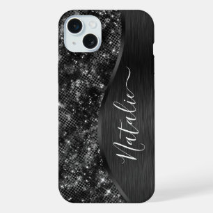 Metallic Black Glitter Personalized iPhone 15 Plus Case