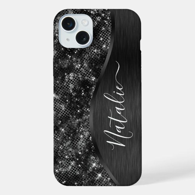 Metallic Black Glitter Personalized Iphone Case (Back)