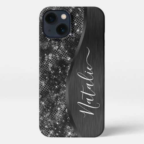 Metallic Black Glitter Personalized iPhone 13 Case