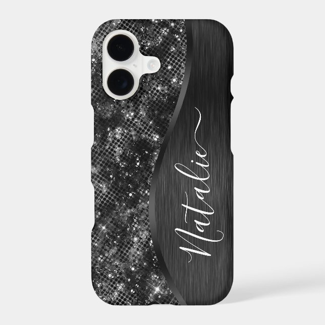 Metallic Black Glitter Personalized iPhone Case (Back)