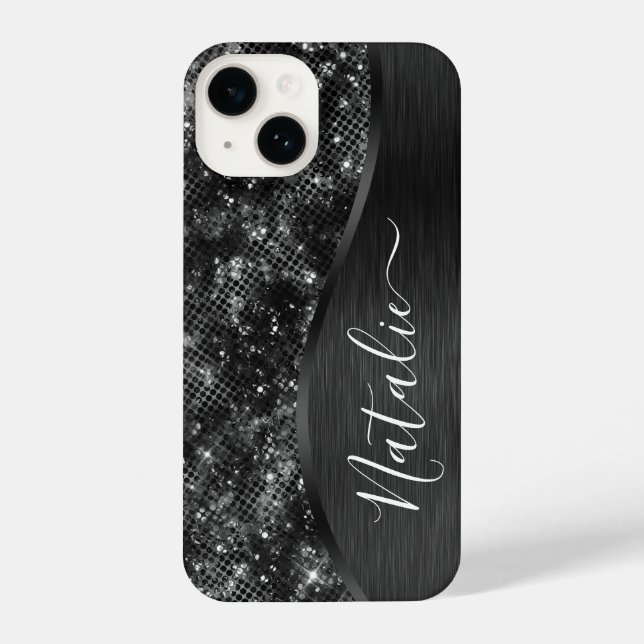 Metallic Black Glitter Personalized iPhone Case (Back)