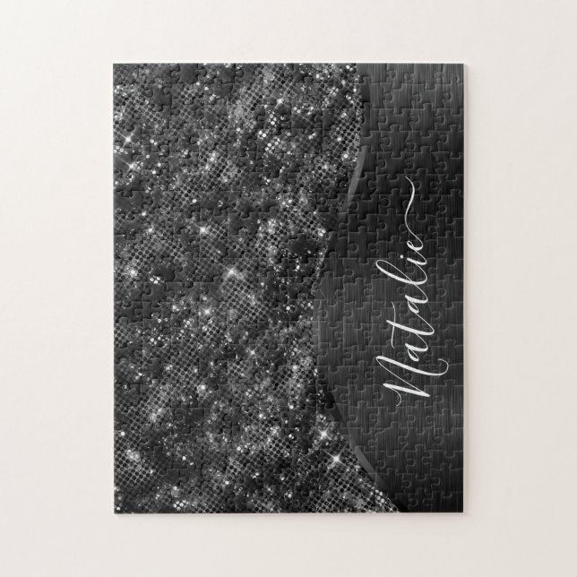 Metallic Black Glitter Personalized Jigsaw Puzzle (Vertical)