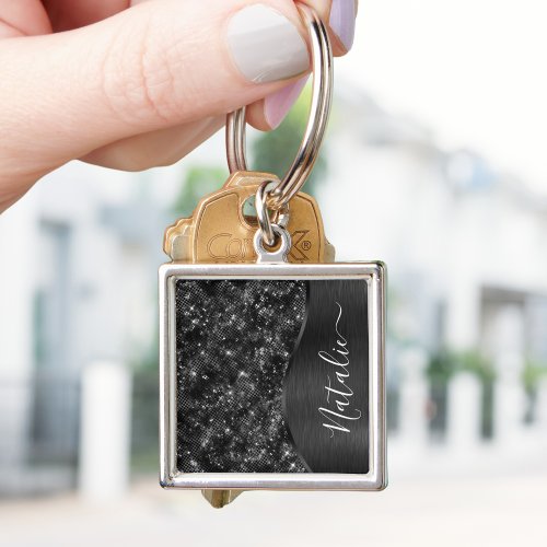 Metallic Black Glitter Personalized Keychain