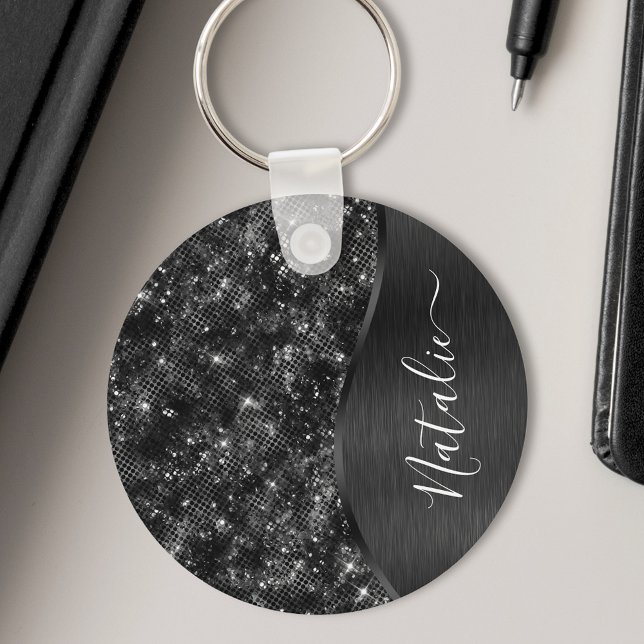 Metallic Black Glitter Personalized Keychain (Creator Uploaded)