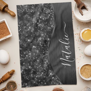 Metallic Black Glitter Personalized Kitchen Towel