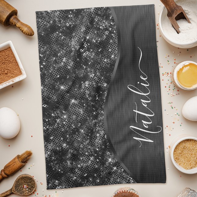  Metallic Black Glitter Personalized Kitchen Towel (Creator Uploaded)