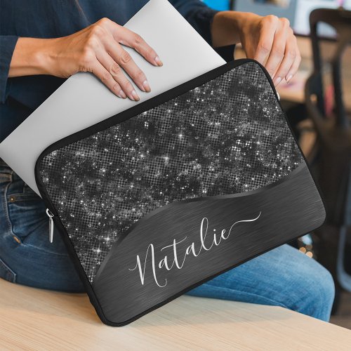 Metallic Black Glitter Personalized Laptop Sleeve