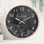 Metallic Black Glitter Personalized Large Clock<br><div class="desc">Easily personalize this black brushed metal and glamorous faux glitter patterned wall clock with your own custom name.</div>