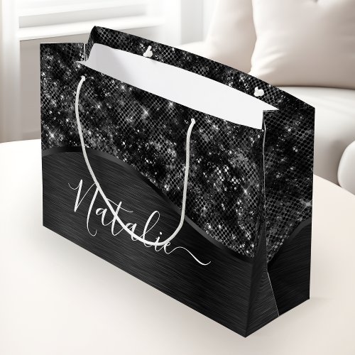  Metallic Black Glitter Personalized Large Gift Bag