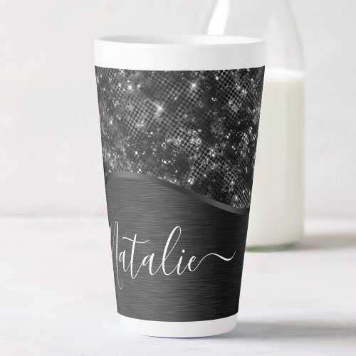 Metallic Black Glitter Personalized Latte Mug