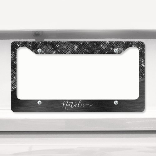 Metallic Black Glitter Personalized License Plate Frame