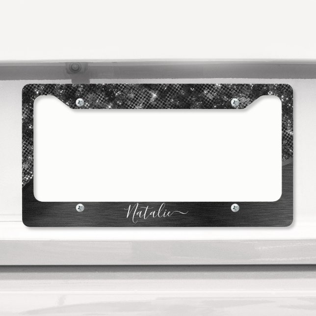 Metallic Black Glitter Personalized License Plate Frame (This license plate frame lets you shine on the road with your own name or message and some glitter.)