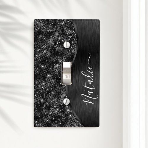 Metallic Black Glitter Personalized Light Switch Cover