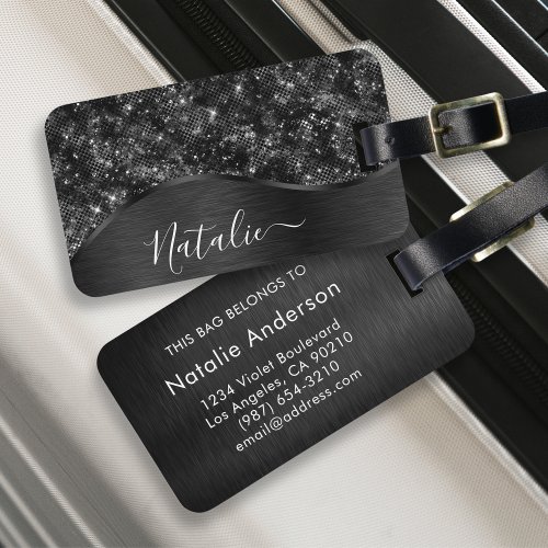 Metallic Black Glitter Personalized Luggage Tag