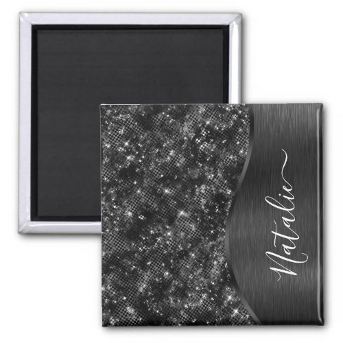 Metallic Black Glitter Personalized Magnet