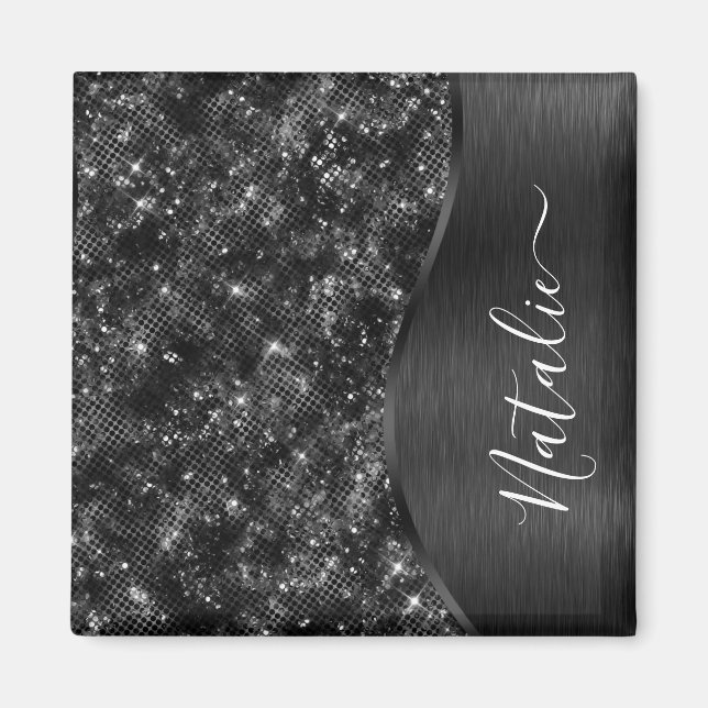 Metallic Black Glitter Personalized Magnet (Front)