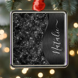 Metallic Black Glitter Personalized Metal Ornament<br><div class="desc">Easily personalize this black brushed metal and glamorous faux glitter patterned ornament with your own custom name.</div>