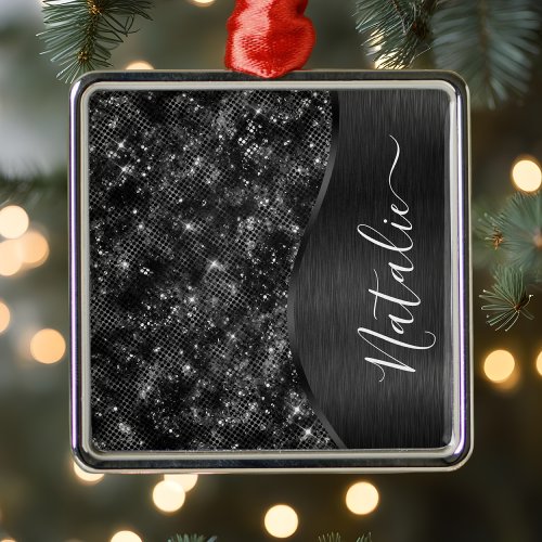 Metallic Black Glitter Personalized Metal Ornament