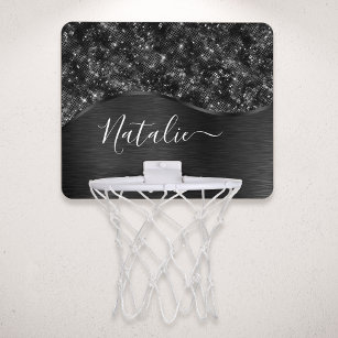 Metallic Black Glitter Personalized Mini Basketball Hoop