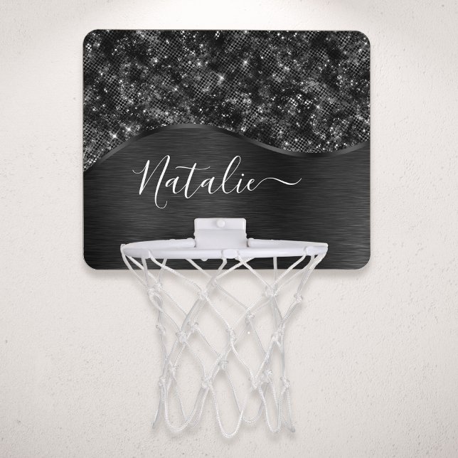 Metallic Black Glitter Personalized Mini Basketball Hoop (Creator Uploaded)