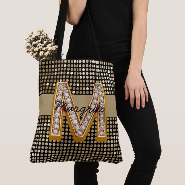 Metallic Black Glitter Personalized modern chic Tote Bag (Close Up)