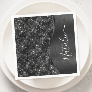 Metallic Black Glitter Personalized Napkins