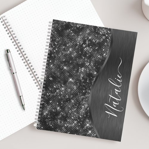 Metallic Black Glitter Personalized Notebook